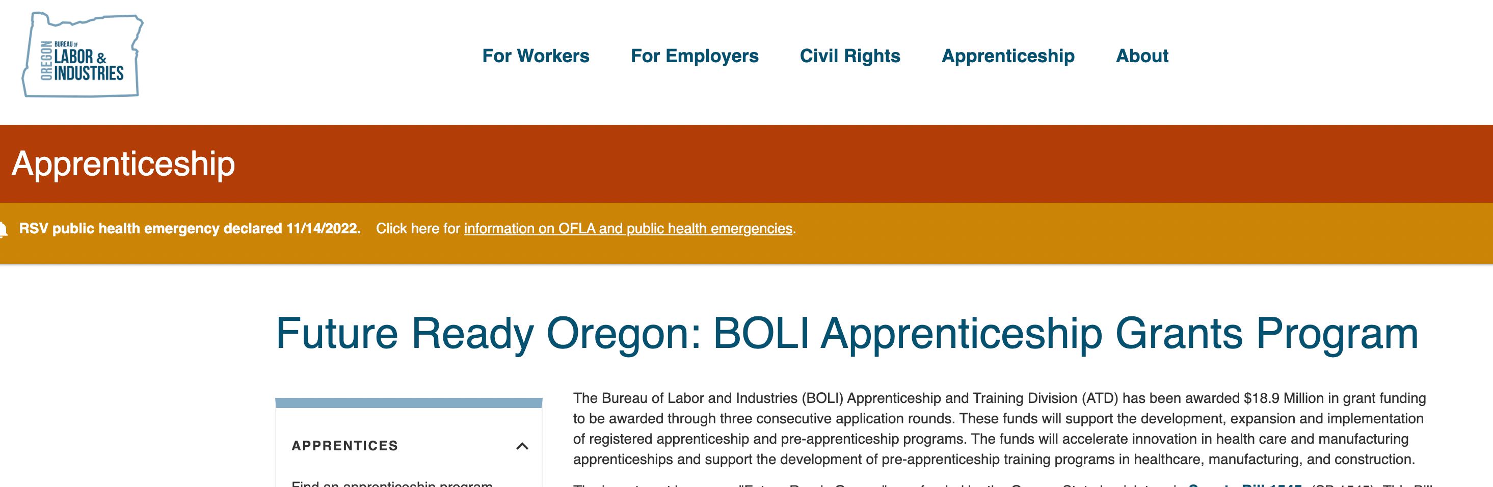 Future Ready Oregon: BOLI Apprenticeship Grants Program﻿